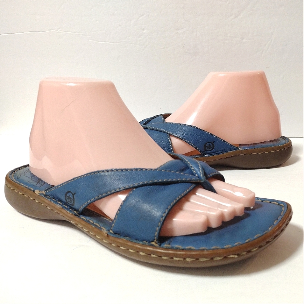 Born Women's Leather Slip-On Toe Post Handcrafted Slide Flat Sandals Teal Size 8